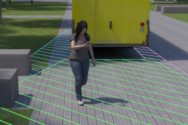 Frame from forensic animation showing pedestrian hit by truck