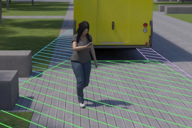 Frame from forensic animation showing pedestrian hit by truck