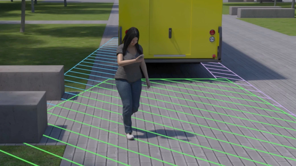 Frame from forensic animation showing pedestrian hit by truck