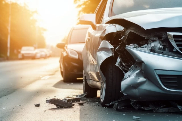 Heavily damaged silver sedan with crushed front end at a car accident scene at sunset on a city road