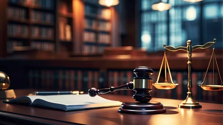 Gavel and gold scales of justice on law library desk representing personal injury legal representation
