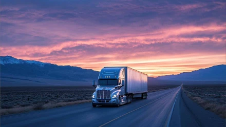 White semi-truck and trailer traveling desert highway at dusk in commercial trucking accident attorney case